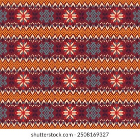 Vector nordic ornament. winter scandinavian seamless pattern, border design for fashion fabric, knit, textile, cross embroidery. Norwegian background with red and blue colors