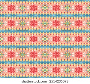 Ornamento nórdico de Vector. patrón sin costuras escandinavo de invierno, diseño de borde para tela de moda, punto, textil, bordado cruzado. Fondo noruego con colores rojo y azul