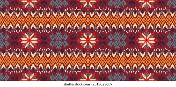 Vector nordic ornament. winter scandinavian seamless pattern, border design for fashion fabric, knit, textile, cross embroidery. Norwegian background with red and blue colors