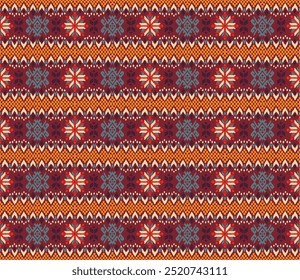 Vector nordic ornament. winter scandinavian seamless pattern, border design for fashion fabric, knit, textile, cross embroidery. Norwegian background with red and blue colors