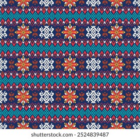 Vector nordic ornament. winter scandinavian seamless pattern, border design for fashion fabric, knit, textile, cross embroidery. Norwegian background with red and blue colors