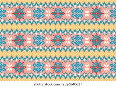 Vector nordic ornament. winter scandinavian seamless pattern, border design for fashion fabric, knit, textile, cross embroidery. Norwegian background with red and blue colors