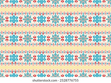 Vector nordic ornament. winter scandinavian seamless pattern, border design for fashion fabric, knit, textile, cross embroidery. Norwegian background with red and blue colors