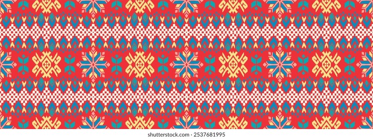 Vector nordic ornament. winter scandinavian seamless pattern, border design for fashion fabric, knit, textile, cross embroidery. Norwegian background with red and blue colors