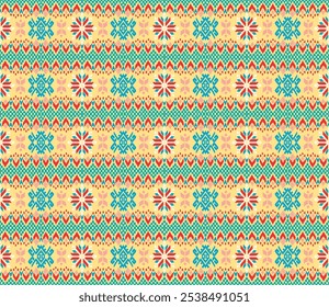 Vector nordic ornament. winter scandinavian seamless pattern, border design for fashion fabric, knit, textile, cross embroidery. Norwegian background with red and blue colors