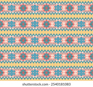 Vector nordic ornament. winter scandinavian seamless pattern, border design for fashion fabric, knit, textile, cross embroidery. Norwegian background with red and blue colors