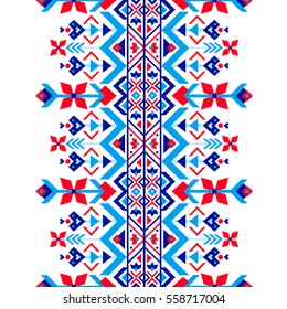 Vector nordic ornament. winter scandinavian seamless pattern, border design for fashion fabric, knit, textile, cross embroidery. Norwegian background with red and blue colors