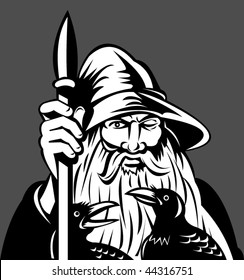 vector of Norse God Odin holding spear with ravens