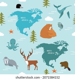 Vector North America background with cute animals. Whale, bear, deer, hedgehog, octopus, beaver, walrus. Can be printed on fabric.