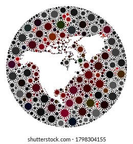 Collage de mapas del virus de la gripe en el Vector Norteamérica. La infección ataca el territorio de bloqueo desde el espacio. Collage de mapas de Estados Unidos, en círculo, compuesto por partes de patógenos.