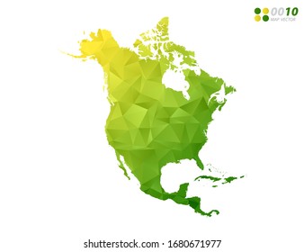 Vector North America map green and yellow polygon triangle mosaic with white background. style gradient.