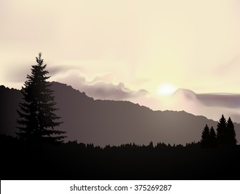 Vector north american landscape. Silhouette of coniferous trees on the background of mountains and grey sky. Sunset. Eps 10.