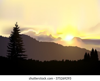 Vector north american landscape. Silhouette of coniferous trees on the background of mountains and colorful sky. Sunset. Yellow ans grey tones. Eps 10.