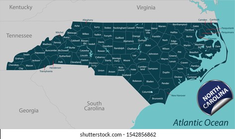 Vector of North Carolina state of the United States with counties map