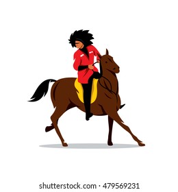 Vector North Caucasus rider Cartoon Illustration. Man in white fur hat and a red dress on a horse. Unusual Logo template isolated on a white background