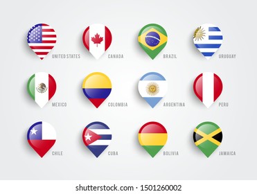 Vector North, Central and South America Countries Flag Set. Web Element Collection.