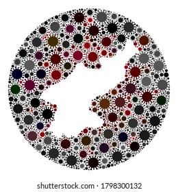 Vector North Korea map collage of SARS virus. Infection attacks the quarantine territory from outside. Stencils round North Korea map collage composed with infection items.
