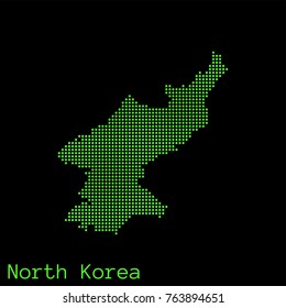 Vector North Korea map dotted silhouette with green dots on a black background (as on old ancient computers running DOS)