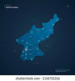 Vector North Korea map illustration with blue neon lightpoints - triangle on dark blue gradient background. Administrative divisions, cities, borders, capital. Neon tech background with glow. 