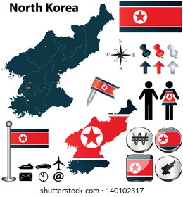 Vector of North Korea set with detailed country shape with region borders, flags and icons