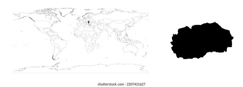 Vector North Macedonia map showing country location on world map and solid map for North Macedonia on white background. File is suitable for digital editing and prints of all sizes.