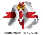 Vector Northern Ireland flag blowing in the wind in Northern Ireland map shape. Background texture.