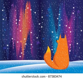 Vector northern lights and red fox