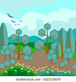 Vector northern spring landscape with hills, trees, flowers, birds and clouds on the sky