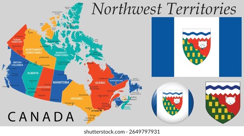 Vector of Northwest Territories coat of arms, flag and map. Great for use in Canadian-themed designs, education, regional identity, and government projects.