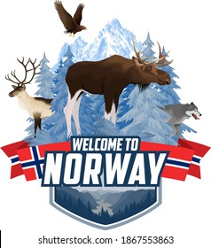 Vector Norway mountains forest emblem with moose, raindeer, wolf and  white-tailed eagle