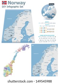 Vector Norway Political And Administrative Divisions Maps, Norway Flag, Earth Globe Showing Country Location, Map Markers And Related Icon Set