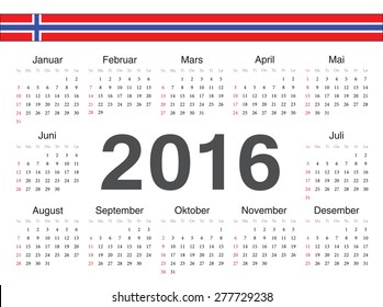 Vector Norwegian circle calendar 2016. Week starts from Sunday.