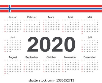 Vector Norwegian circle calendar 2020. Week starts from Sunday.