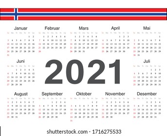 Vector Norwegian circle calendar 2021. Week starts from Sunday.