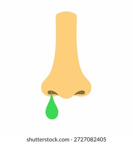 Nariz vetorial com muco verde fluindo sobre um fundo branco. O conceito de gripe, espirros e infecções virais.