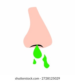 Nariz de Vector con moco verde que fluye hacia fuera en un fondo blanco. Concepto de salud, gripe, estornudos e infecciones virales.