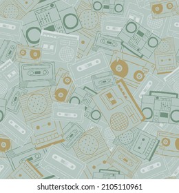 Vector nostalgic 80s 90s retro cassette tape, boombox, tape player, tape recorder seamless repeat pattern background. Perfect for fabric, wallpaper, wrapping paper, scrapbooking projects.