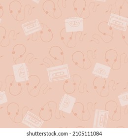 Vector nostalgic 80s 90s retro cassette tape, walkman, and headphones seamless repeat pattern background. Perfect for fabric, wallpaper, wrapping paper, scrapbooking projects.