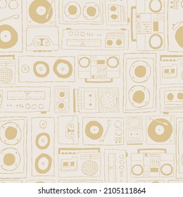 Vector nostalgic 80s 90s retro cassette tape player, stereo, speakers, boombox, music player seamless repeat pattern background. Perfect for fabric, wallpaper, wrapping paper, scrapbooking projects.