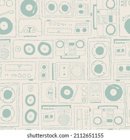 Vector nostalgic 80s 90s retro cassette tape player, stereo, speakers, boombox, music player seamless repeat pattern background. Perfect for fabric, wallpaper, wrapping paper, scrapbooking projects.