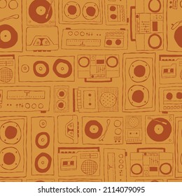 Vector nostalgic 80s 90s retro cassette tape player, stereo, speakers, boombox, music player seamless repeat pattern background. Perfect for fabric, wallpaper, wrapping paper, scrapbooking projects.