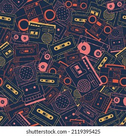 Vector nostalgic 80s 90s retro cassette tape, boombox, tape player, tape recorder seamless repeat pattern background. Perfect for fabric, wallpaper, wrapping paper, scrapbooking projects. 