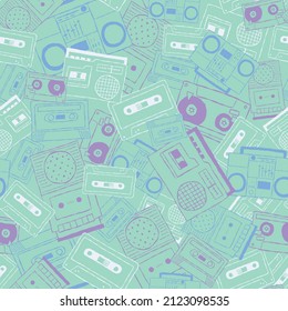 Vector nostalgic 80s 90s retro cassette tape, boombox, tape player, tape recorder seamless repeat pattern background. Perfect for fabric, wallpaper, wrapping paper, scrapbooking projects. 