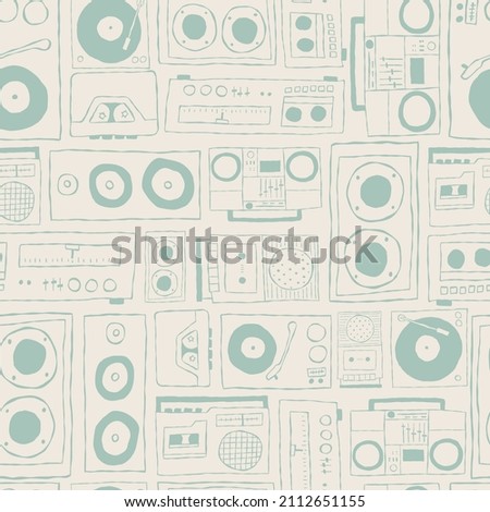 Vector nostalgic 80s 90s retro cassette tape player, stereo, speakers, boombox, music player seamless repeat pattern background. Perfect for fabric, wallpaper, wrapping paper, scrapbooking projects.