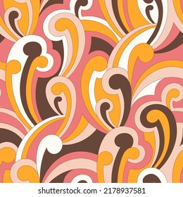 Vector nostalgic retro 60s groovy print. Vintage abstract background. Hippie psychedelic seamless pattern. Textile and surface design with old fashioned hand drawn naive geometric print