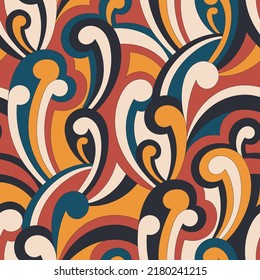 Impresión vectorial nostálgica retro de los años 60. Fondo abstracto vintage. Patrón hippie psicodélico sin fisuras. Diseño textil y de superficie con una huella geométrica naive a la antigua