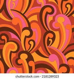 Vector nostalgic retro 60s groovy print. Vintage abstract background. Hippie psychedelic seamless pattern. Textile and surface design with old fashioned hand drawn naive geometric print