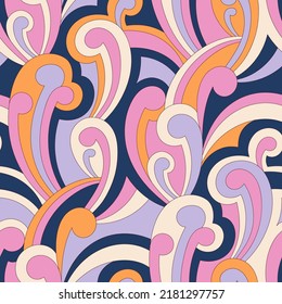 Vector nostalgic retro 60s groovy print. Vintage abstract background. Hippie psychedelic seamless pattern. Textile and surface design with old fashioned hand drawn naive geometric print