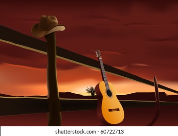 vector nostalgic scene with cowboy hat and guitar