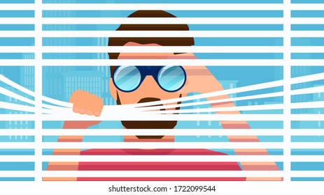 Vector of a nosy man spying secretly on neighbours from window